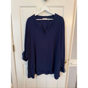 Soft Surroundings Navy Crepe V-Neck Roll Tab Sleeve Tunic Top Blouse Sz 3X EUC
